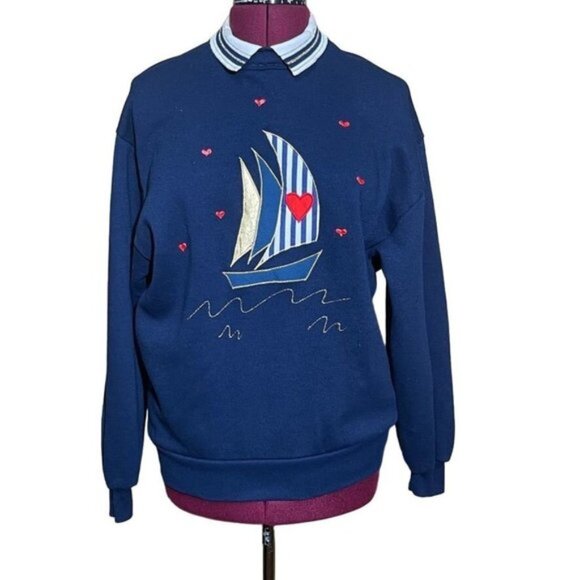 VINTAGE Jerzees Just Ducky Creations Nautical Embroidered‎ Sweatshirt Navy Large - Picture 1 of 14